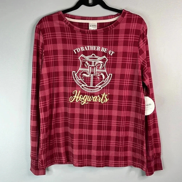 HARRY POTTER NWT I’d Rather Be At Hogwarts Burgundy Plaid Top Long Sleeve Size L - Picture 11 of 11